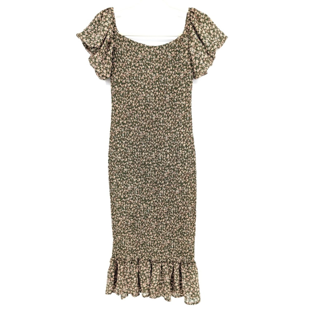 Petal & Pup‎ Claire Green Floral Smocked Off Shoulder Ruffle Midi Dress Romantic